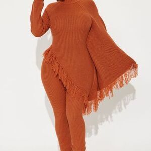 Wynona Fringe Sweater Pant Set - Rust - M